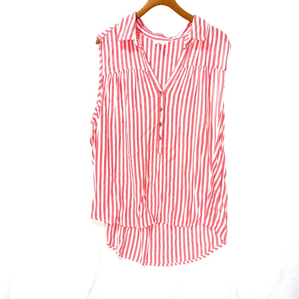Sleeveless Pink & White Striped V-Neck Blouse